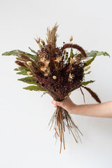 Hand holding "Allspice" preserved arrangement by Sprout Home in front of white background