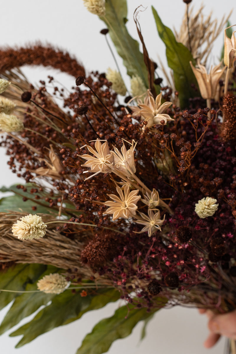 Close up of "Allspice" autumnal preserved arrangement by Sprout Home