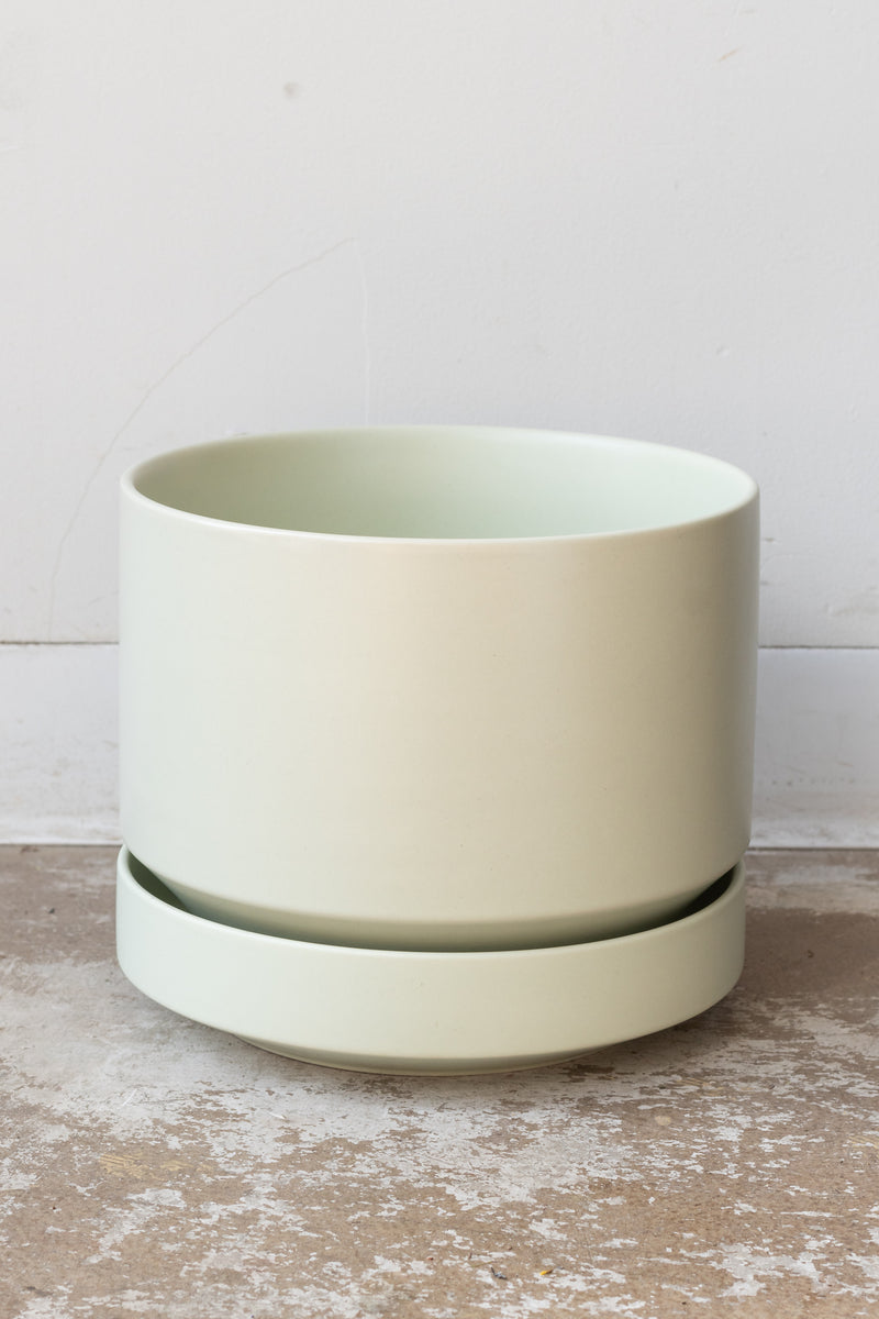 LBE Designs Round Pot & Saucer mint sits on a concrete surface in front of a white background