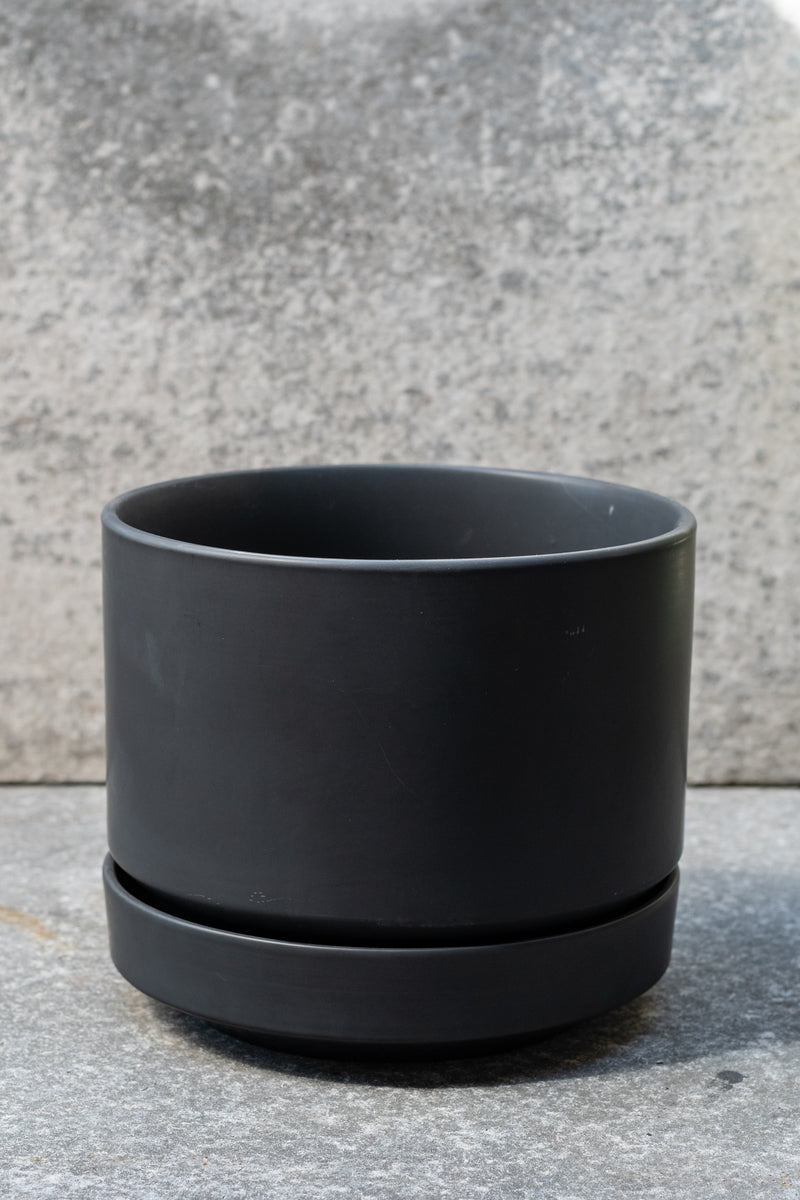 Black stoneware planter with matching saucer by LBE Designs