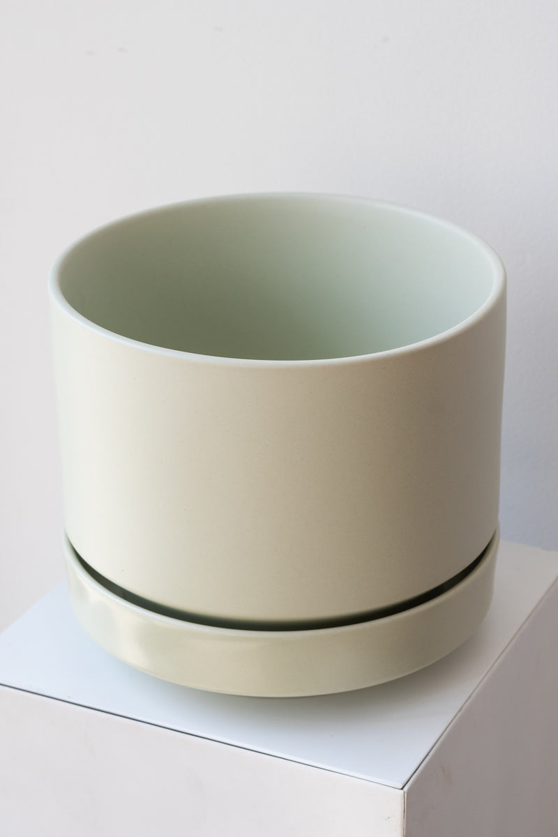 LBE Designs Round Pot & Saucer mint on a white pedestal in a white room