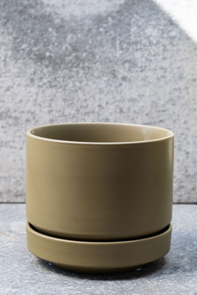 Olive stoneware planter with matching saucer by LBE Designs
