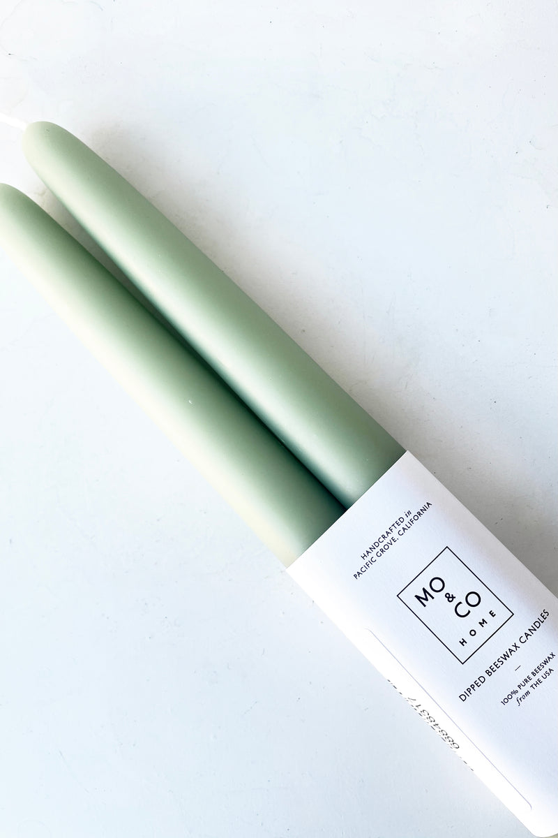 A detailed view of Rosemary 14" Taper Candles, pair against a white backdrop