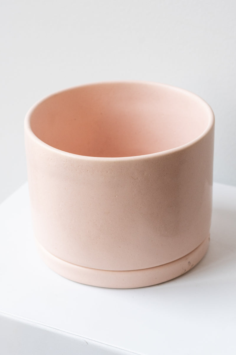 A large pink ceramic planter sits on a white surface in a white room. The planter has a matching drainage tray. The planter is empty. It is photographed closer and at an angle.