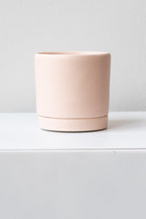 A small pink ceramic planter sits on a white surface in a white room. The planter has a matching drainage tray. The planter is empty. It is photographed straight on.
