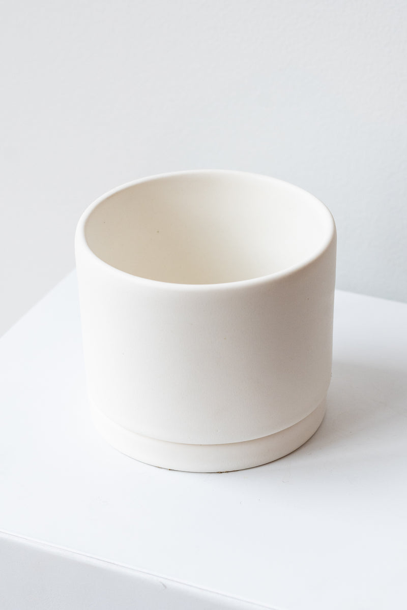 A medium white ceramic planter sits on a white surface in a white room. The planter has a matching drainage tray. The planter is empty. It is photographed closer and at an angle.