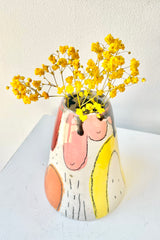 Round Painted Vase large with yellow dried floral against a white wall