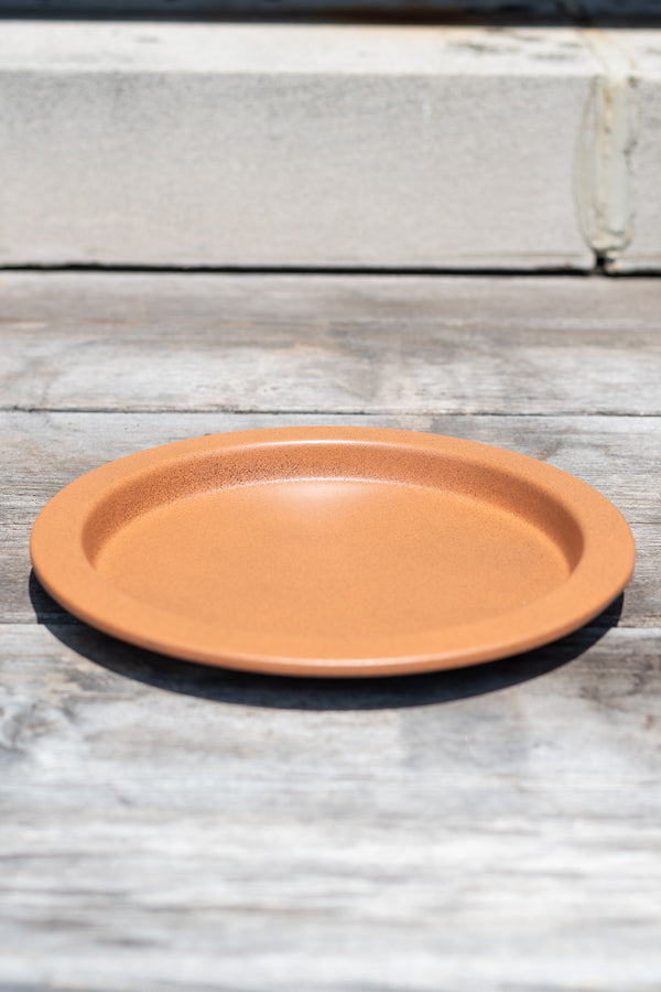 8" clay metal plant saucer on a grey wood surface