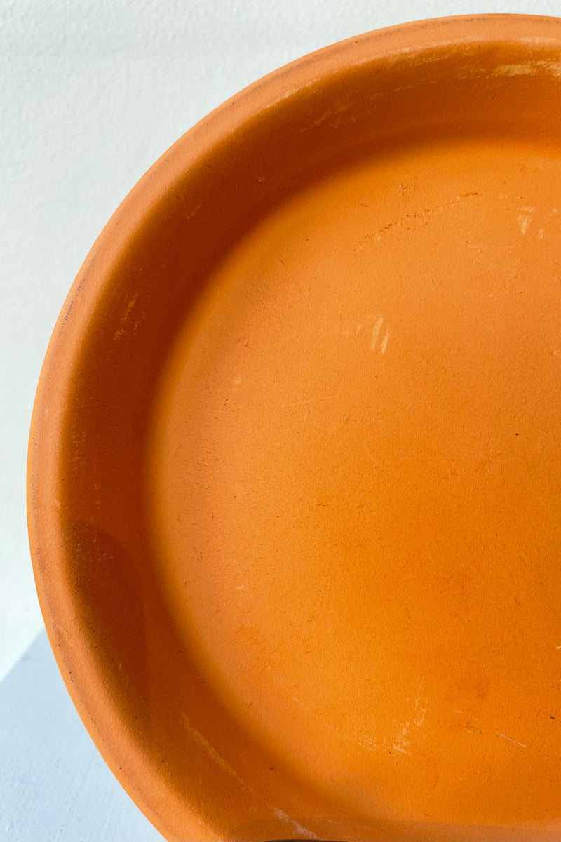 Detail of Clay Standard Saucer Terracotta 6.7" against a white wall