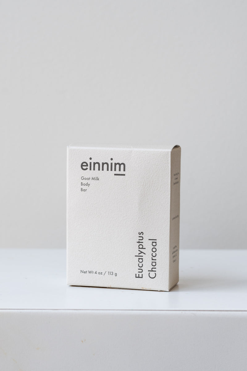 Eucalyptus Charcoal body bar soap by EINNIM in front of white background