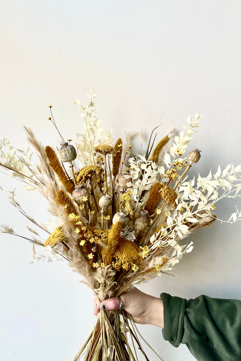 Hand holding a sprawling dried floral arrangement with various textures and colors. White background.