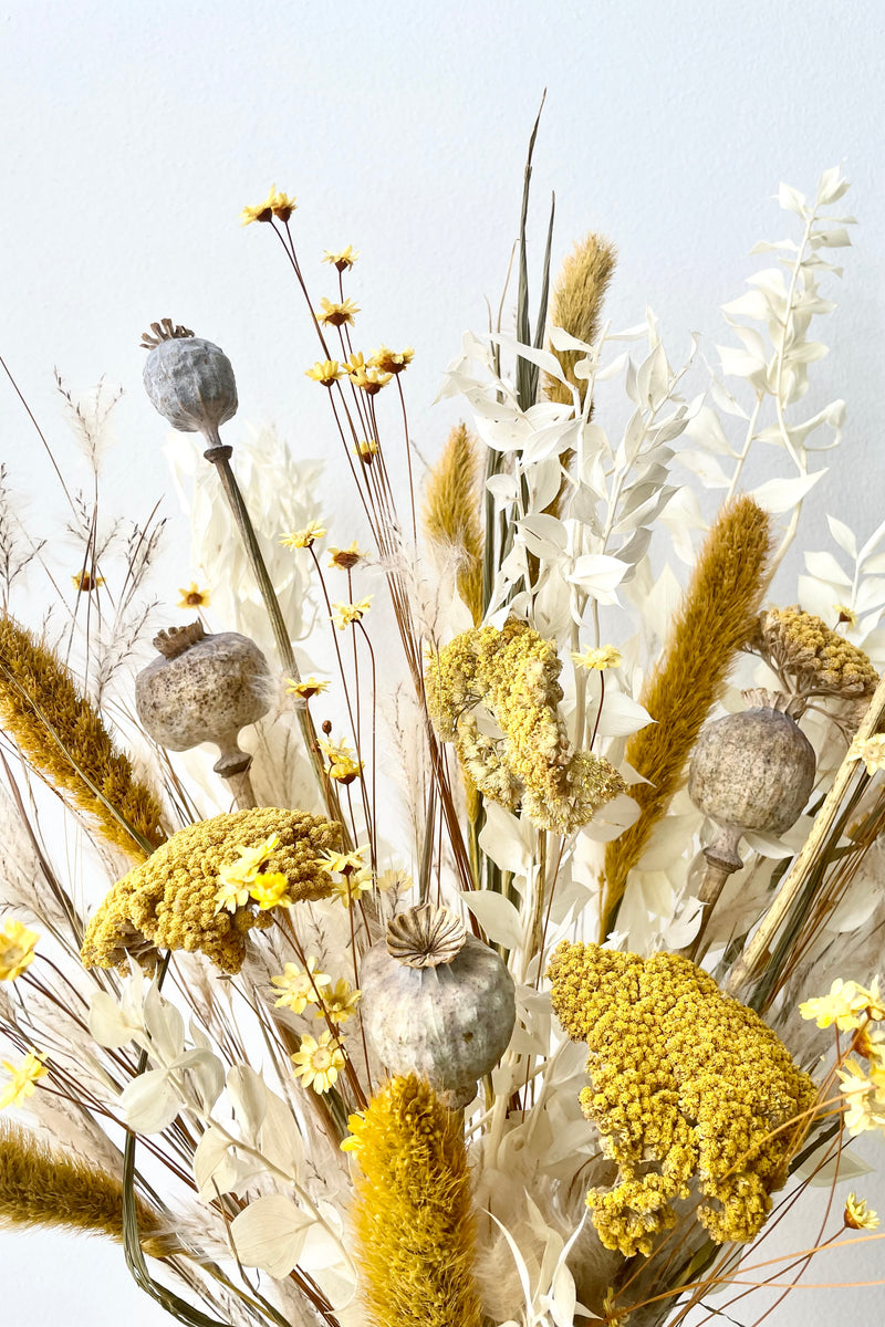 Dried floral with yellows, whites, and tans all in front of white wall. 