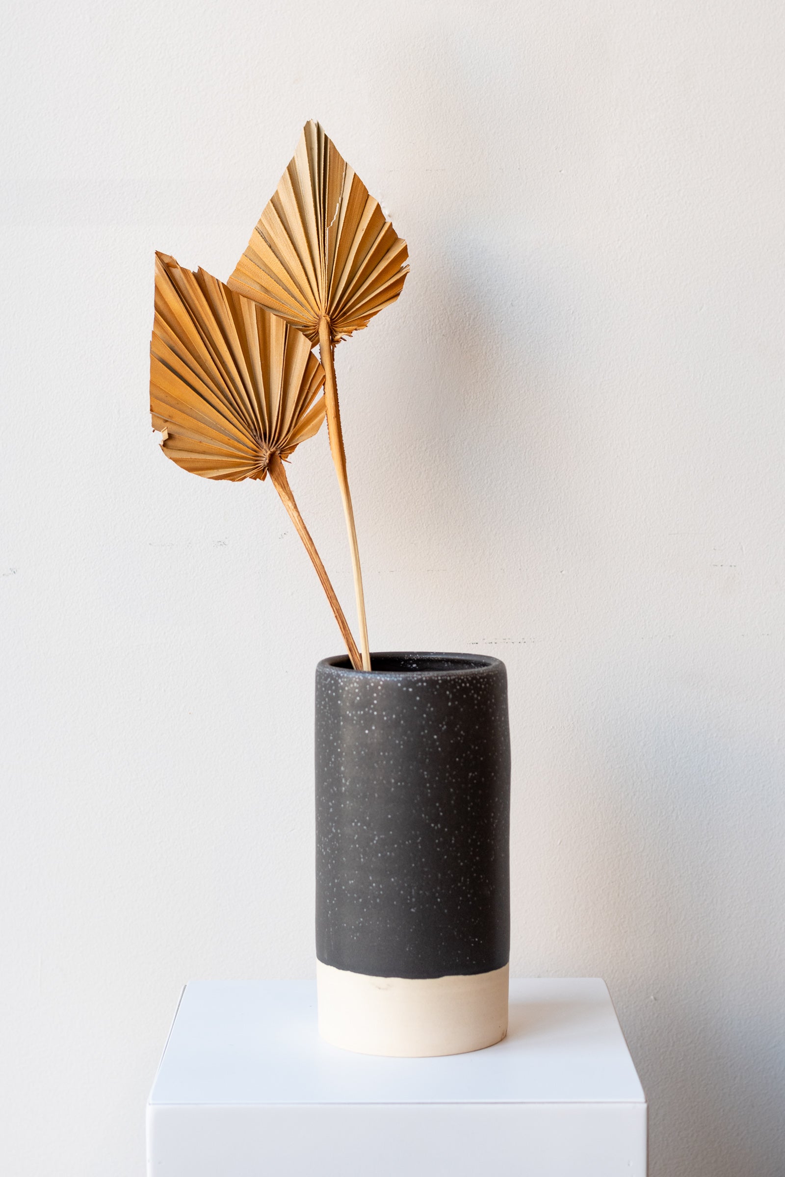 One cylindrical clay vase sits on a white surface in a white room. The vase is glazed with a black glaze with white speckles. The bottom quarter of the vase is unglazed, showing cream-colored clay. There are two tan dried palm spears in the vase. It is photographed straight on.