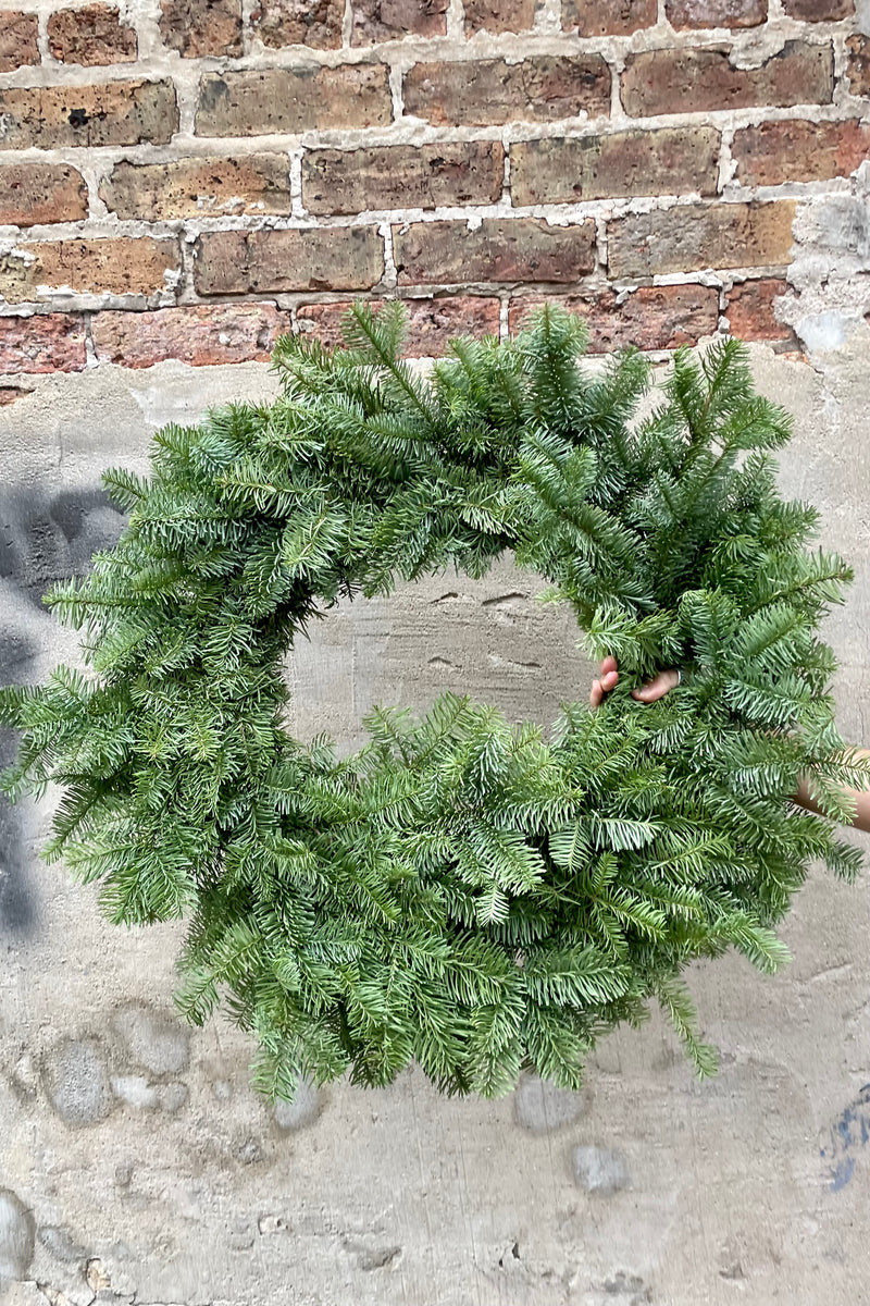 Wreath made from noble fir evergreen being held against a concrete and brick wall. 