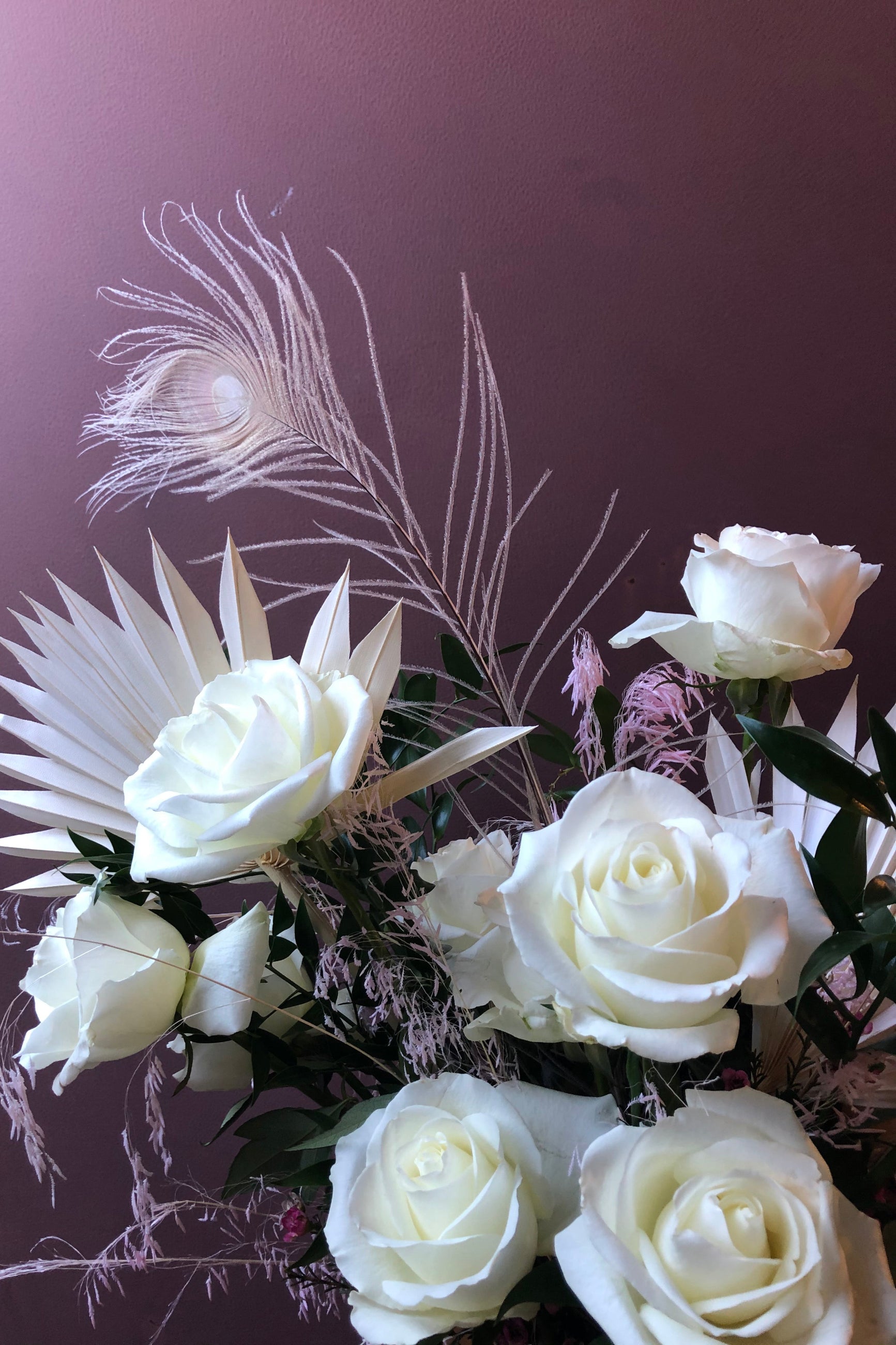 Sprout Home Bleached arrangement featuring a white Peacock feather on a plum colored background ©Sprout Home #size_$75