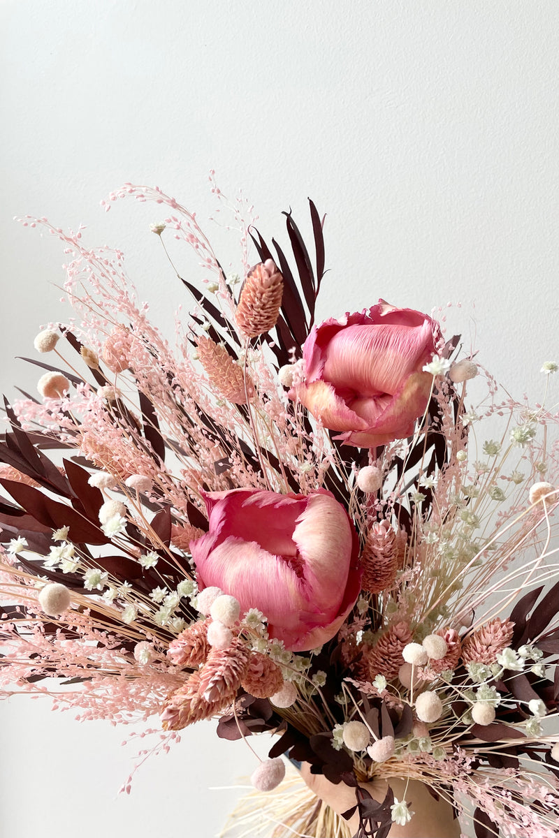 Chocoberry preserved floral arrangement by Sprout Home against a white wall showing details of the pink flowers and maroon leaves 