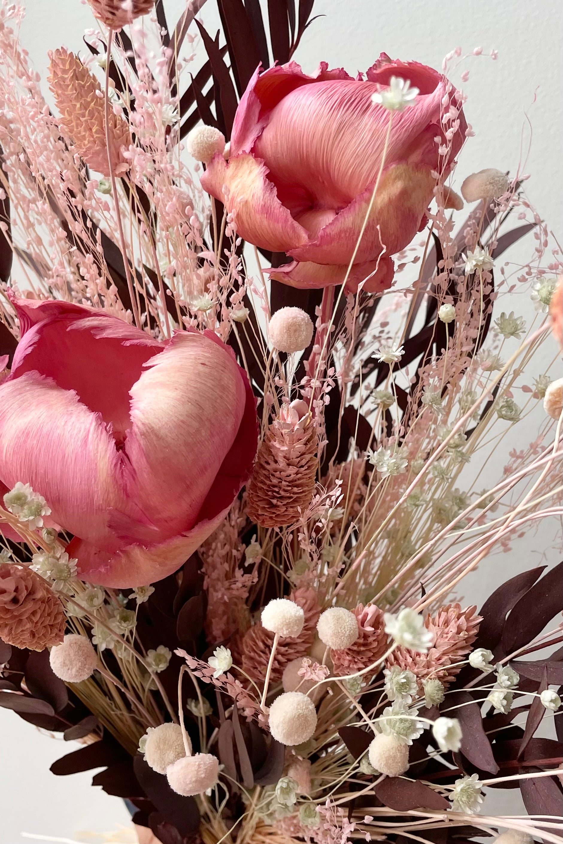 Chocoberry preserved floral arrangement by Sprout Home against a white wall showing details of the pink flowers and maroon leaves #size_$85