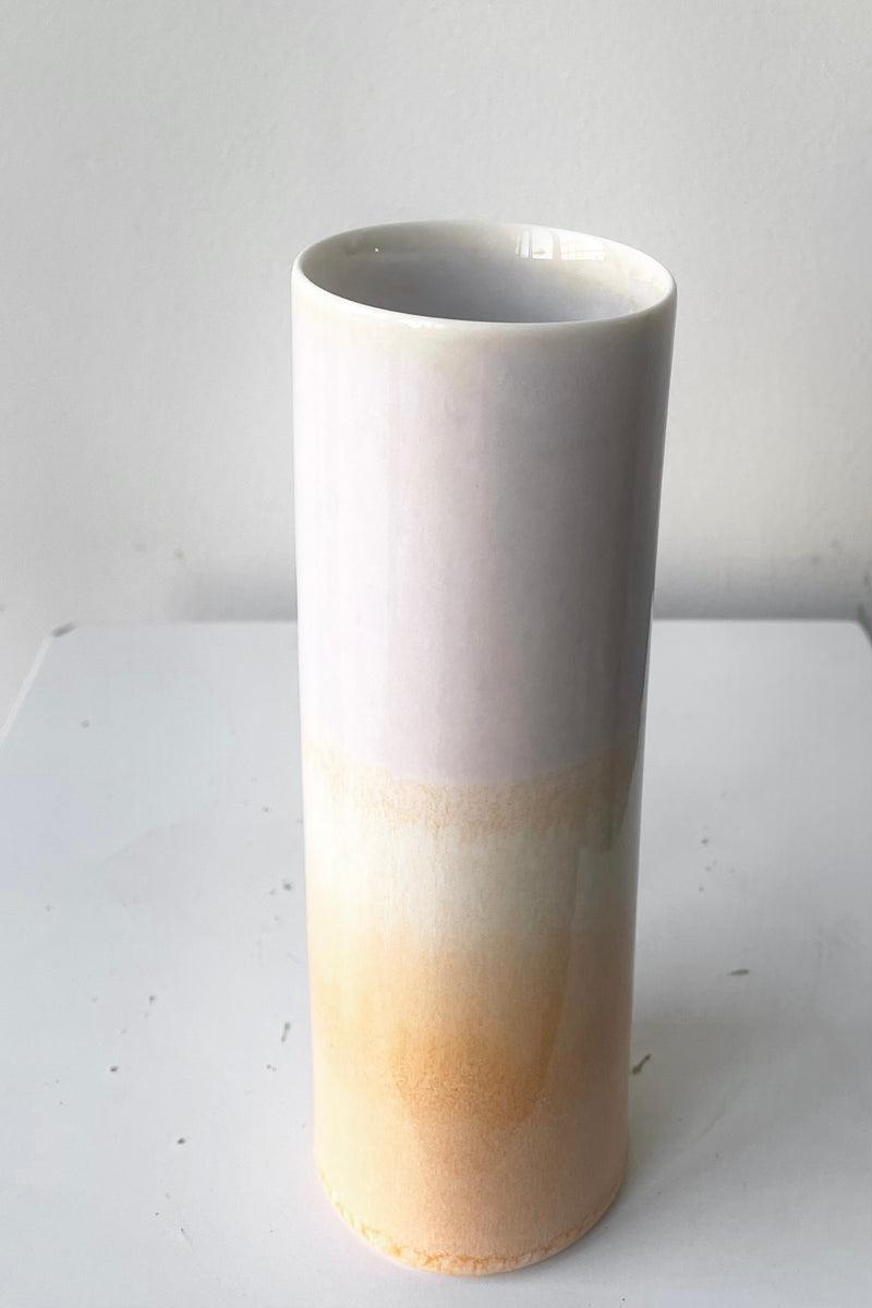 A slightly overhead view of Cylinder Vase lavender peach against white backdrop