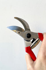 Detailed picture of a red handled bypass pruner