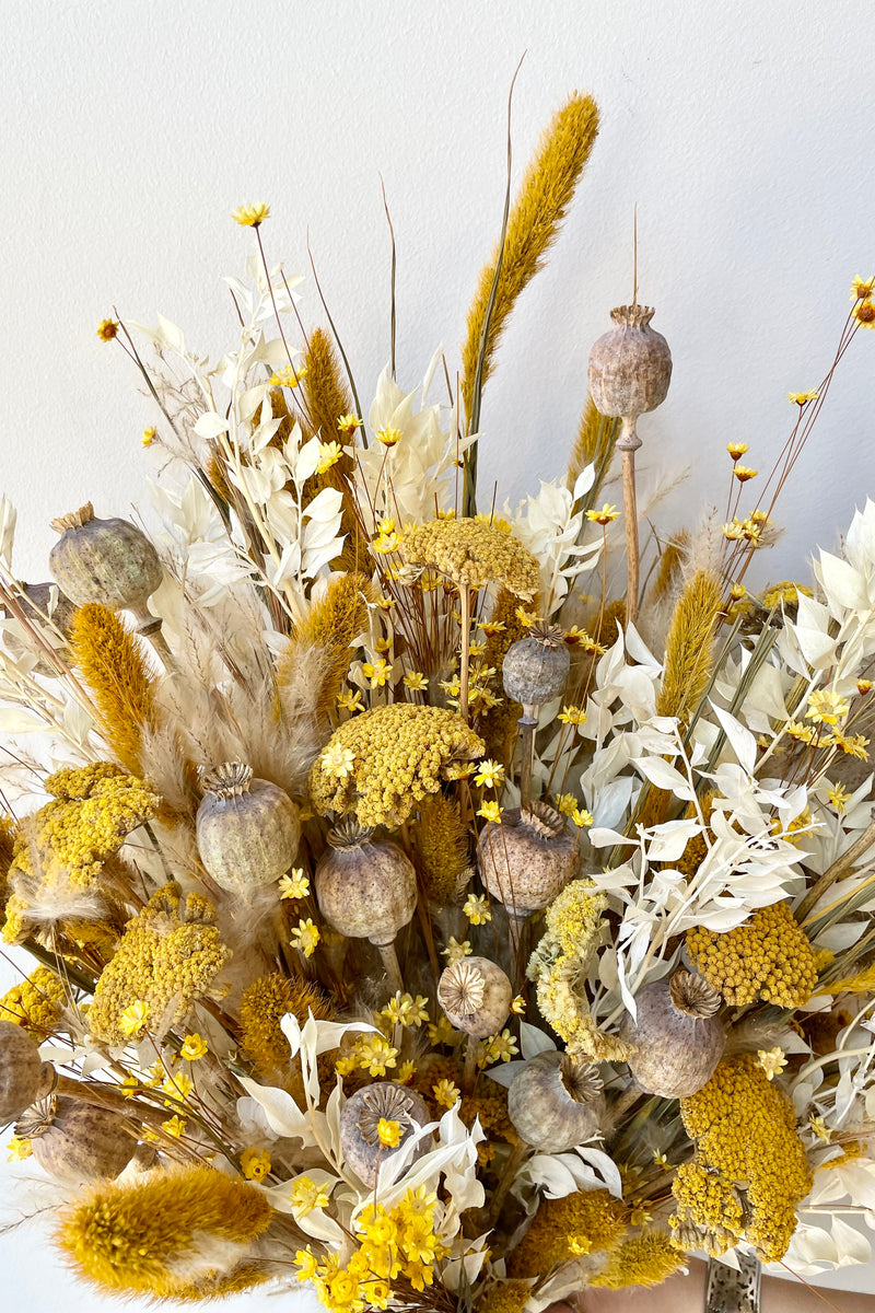 Full dried floral arrangement, with flowers, pods, a bleached greenery. The arrangement is filled with bright yellows, whites, and tans. 