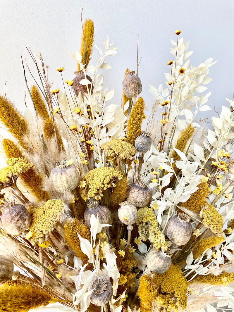 A arranged collection of various dried floral types including whites, tans, and yellows. 