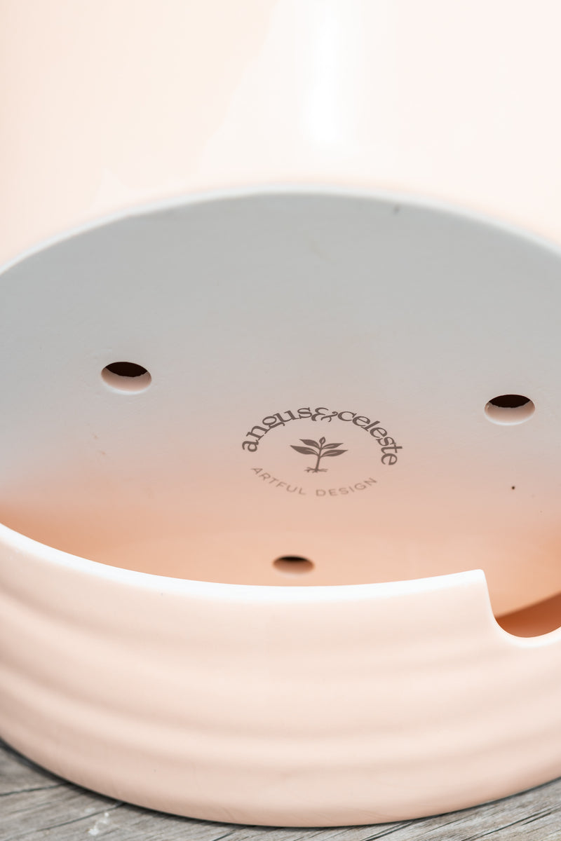 Bottom of Self-Watering Plant Pot burnt coral tall showing Angus and Celeste logo